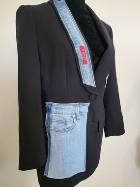 GUESS Black Blazer with Light Blue Denim Accents